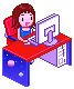 A small pixel art representation of the author, hard at work on her computer while sat at a desk decorated with purple planets.