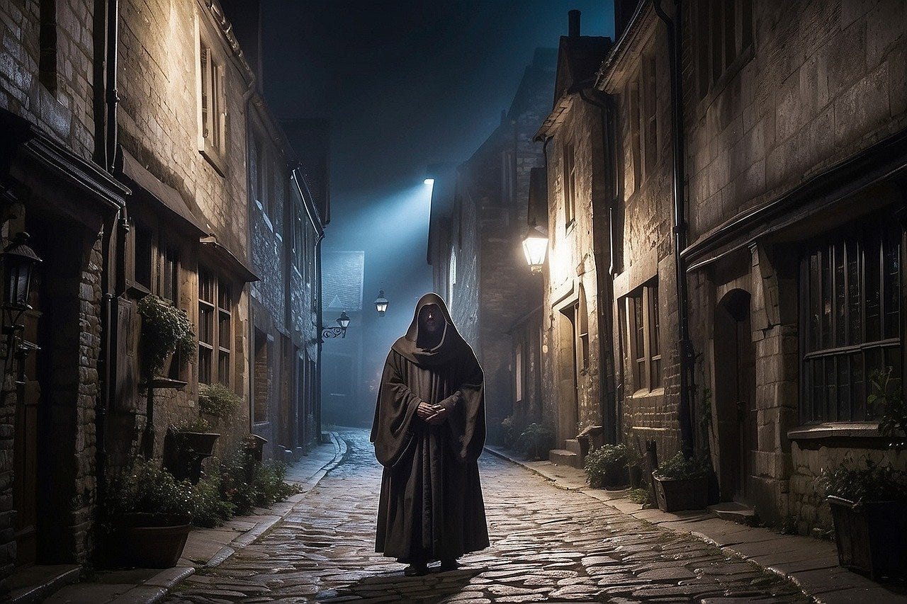 A mysterious, robed figure walks the grimy streets of a dark city infested with secrets.