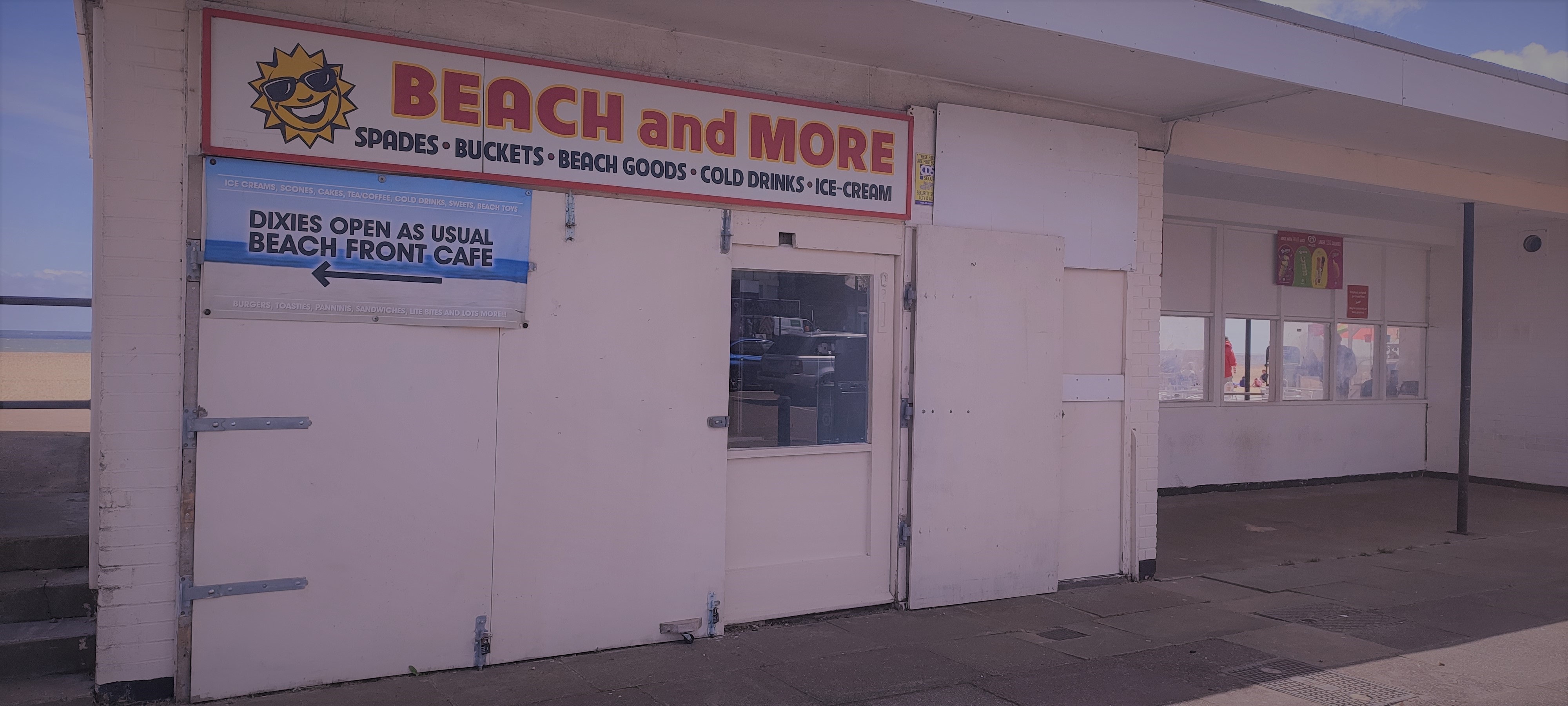 Abandoned beach shop on Great Yarmouth's seafront, possibly haunted by a spooky clown dripping with bloodied ice cream.