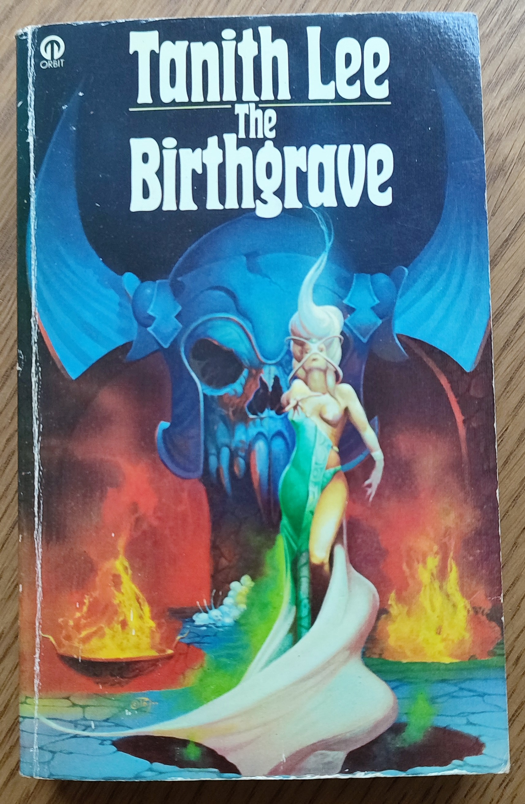 The Birthgrave by Tanith Lee with glorious 70's cover art depicting a wan-looking, barely dressed young woman standing before a giant floating skull surrounded by flames.