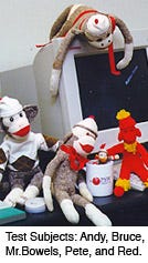 Four sock monkey 'test subjects' gambol before a chunky CRT monitor.