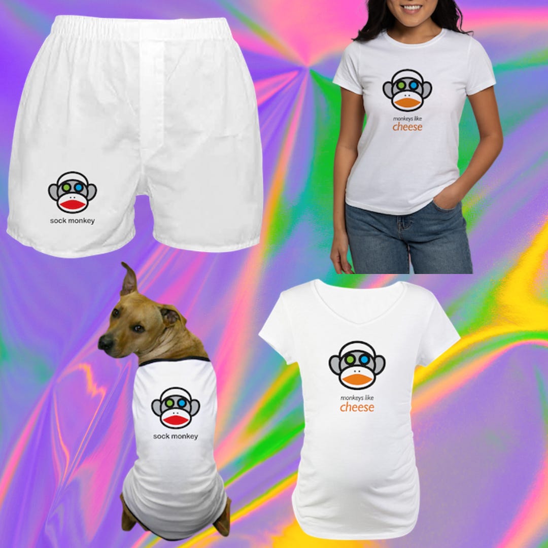 A selection of items available to buy from the Sock Monkey store, including a maternity T-Shirt displaying an image of a cartoon sock monkey's head above the words, monkeys like cheese.