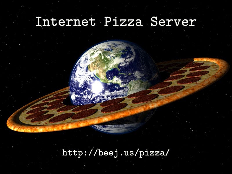 The Internet Pizza Server logo - Earth with a Saturn-like ring crafted from pizza.