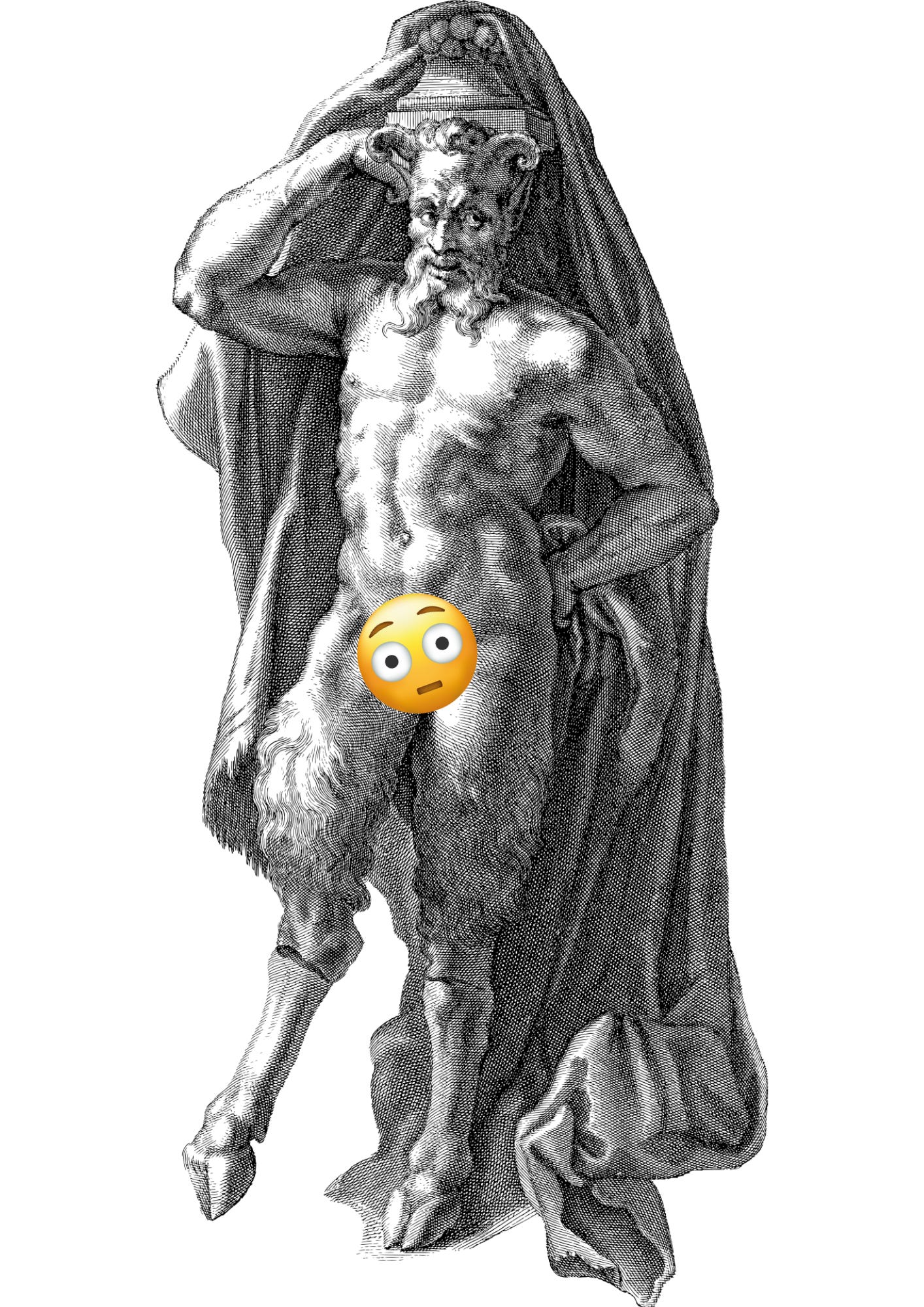 An black and white image of a traditional satyr. He has curly hair and horns, is buck naked, and looks very pleased with himself.